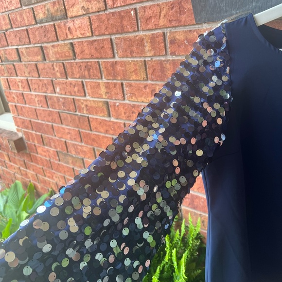 Prelude. Sequin Long Puff Sleeve Navy Tops - Picture 3 of 4